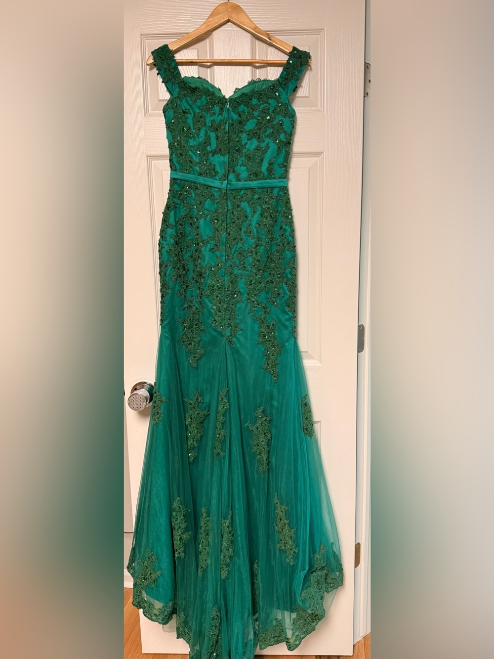Emerald Green Beaded Lace Tulle Gown